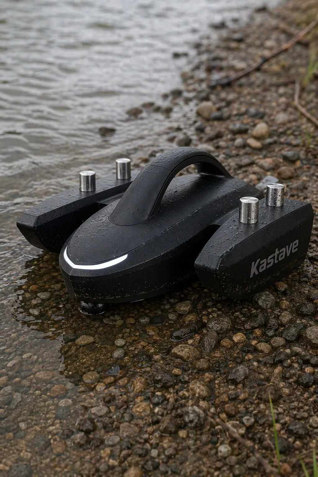 Kastave closeup showing wet hull, sensor posts and shoreline stones