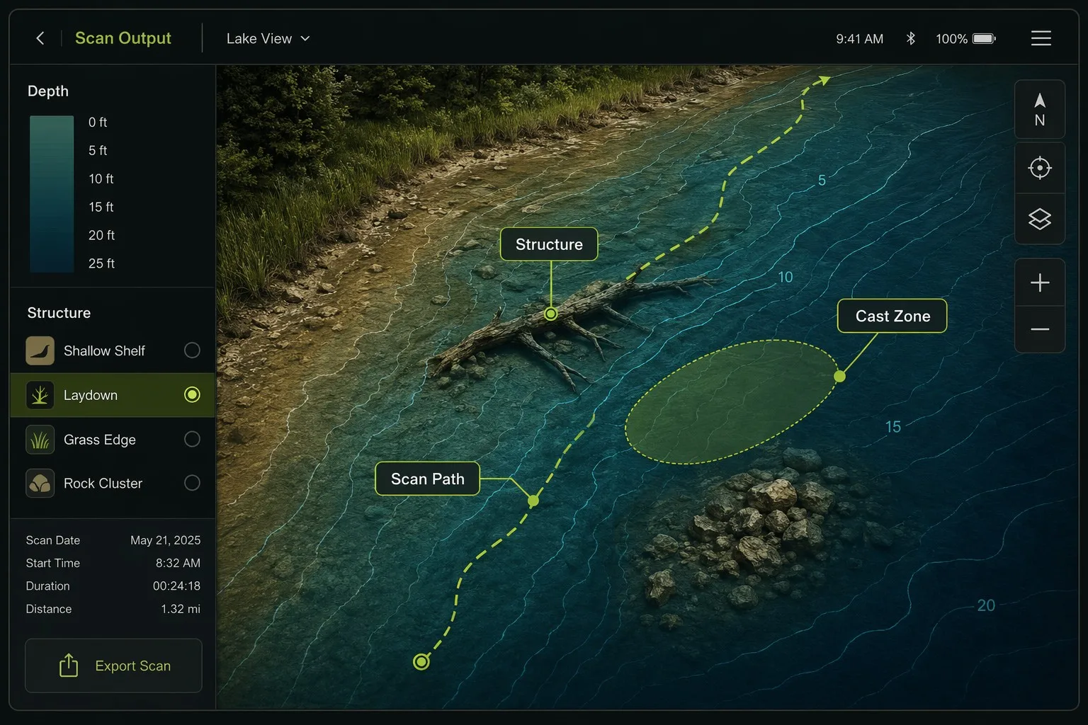 Kastave reconstructed terrain with structure, scan path and cast zone guidance